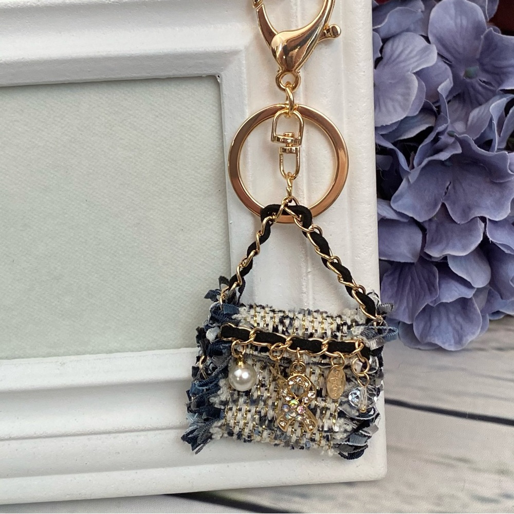 Blue and Black Textured Fabric Handbag Keychain Charm - Picture 2 of 16